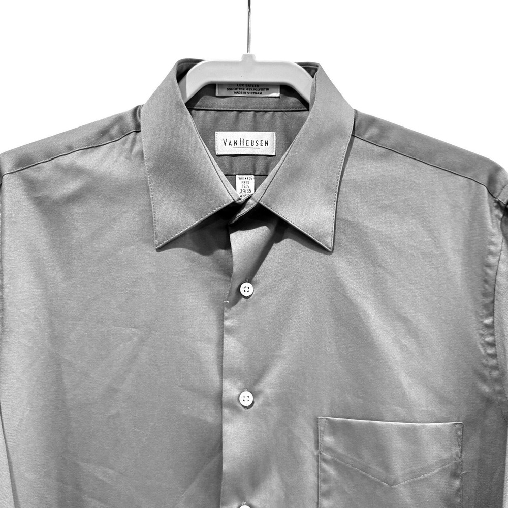 Van Heusen Mens Lux Sateen Dress Shirt Gray Wrinkle Free 15.5 34/35 Medium
